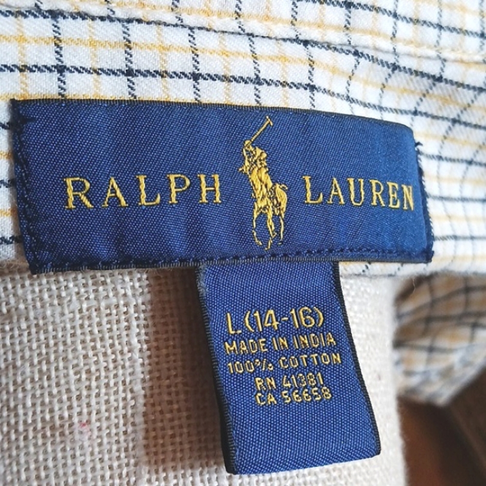 RALPH Lauren Polo Button Down Yellow/Black/White Long Sleeves Shirt Large 14/16 - Picture 7 of 8